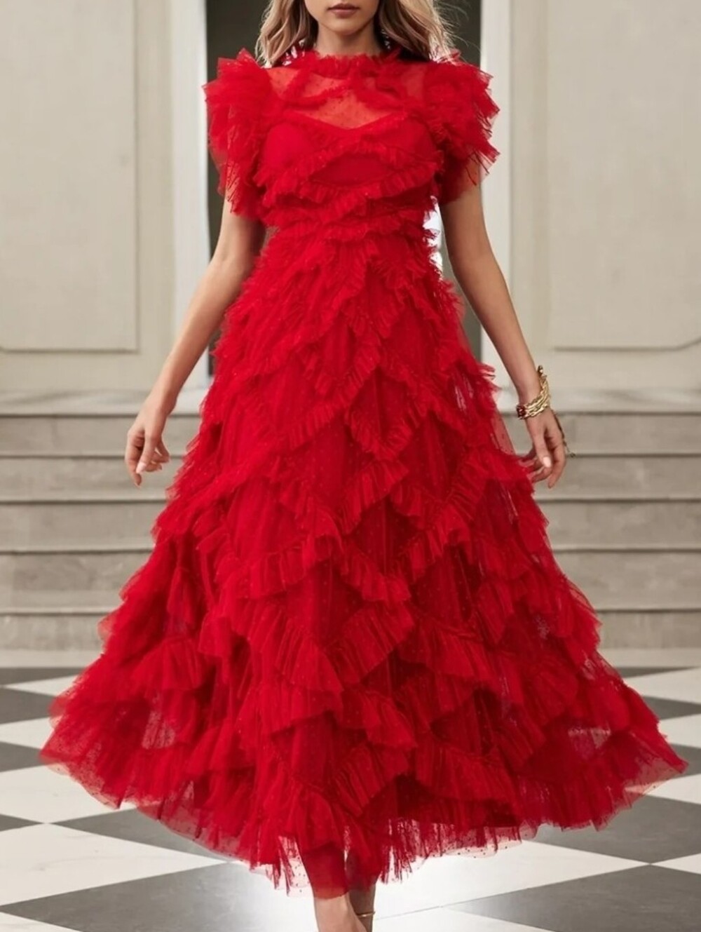 Red Ruffle Lace Maxi Dress SIZE MEDIUM - Picture 7 of 8